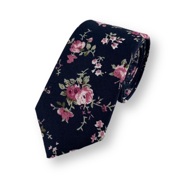 Men’s Navy Vintage Floral Print Necktie & Silk Pocket Square Set - Picture 2 of 12